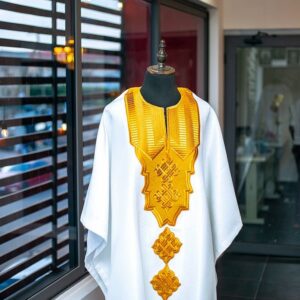 White and Gold Embroidered Agbada Style for African weddings