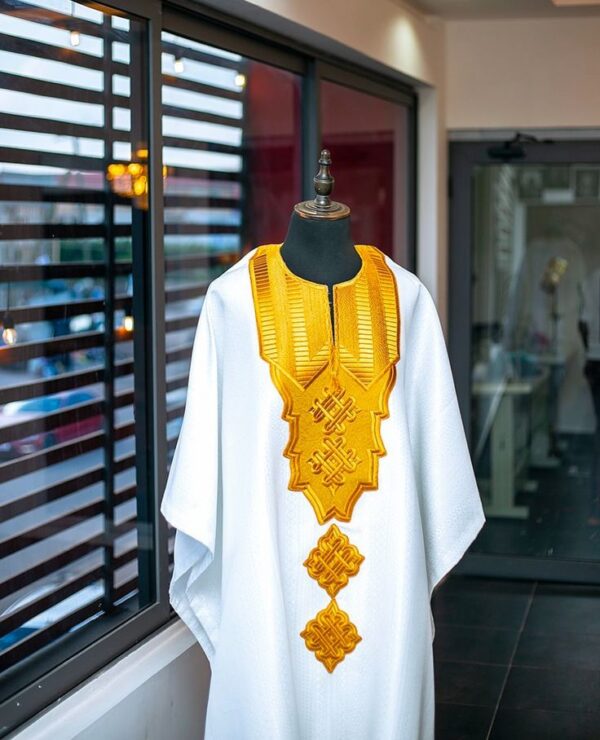 White and Gold Embroidered Agbada Style for African weddings