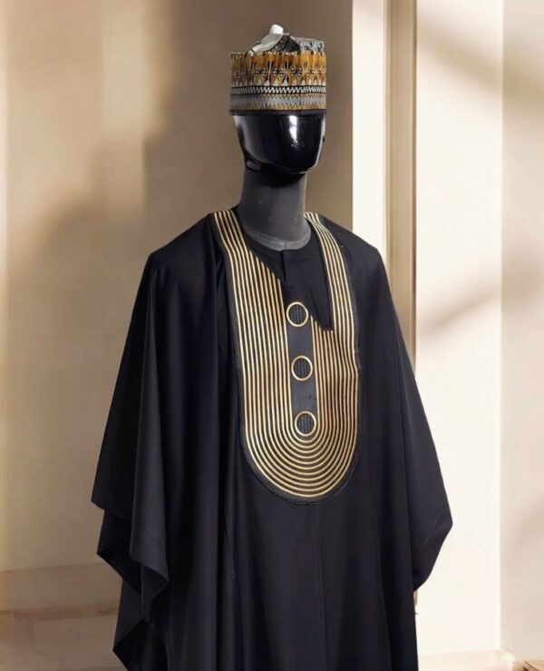 Black Agbada with Gold Embroidery on a male maniquien