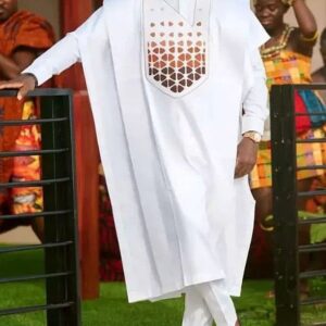 White Agbada Attire With Embroidery Style