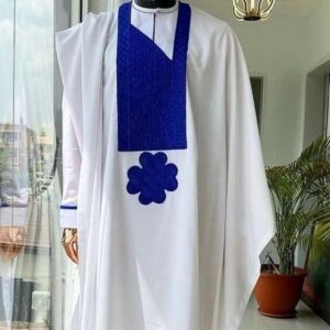 White Agbada With Blue Embroidered Design | White Long Sleeve Agbada Style For Men | White  Agbada Design| Wedding Agbada Style | Wedding Agbada Style For Men| Traditional African Attire