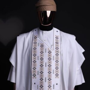 White Short Sleeve Embroidered Agbada Style | White Agbada With Gold Design | white Agbada Designs | Wedding Agbada Styles | Wedding Agbada Styles For Men 