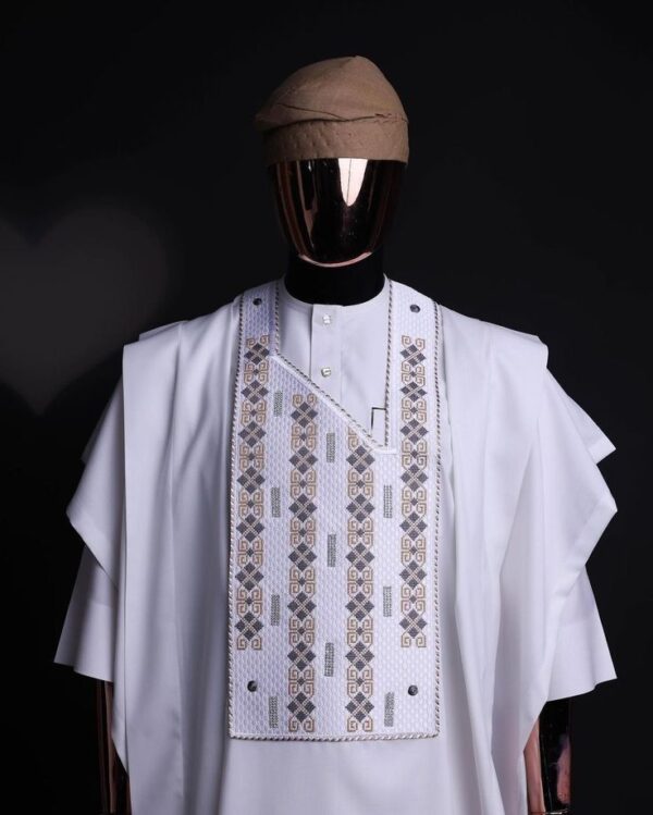 White Short Sleeve Embroidered Agbada Style | White Agbada With Gold Design | white Agbada Designs | Wedding Agbada Styles | Wedding Agbada Styles For Men 