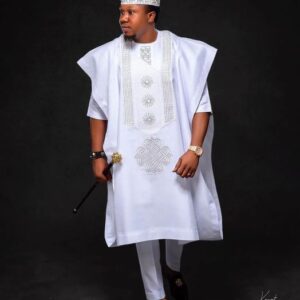 White Agbada with Silver Embroidered Design | African Men's Clothing | Agbada Design for Men| Custom Traditional Wedding Attire