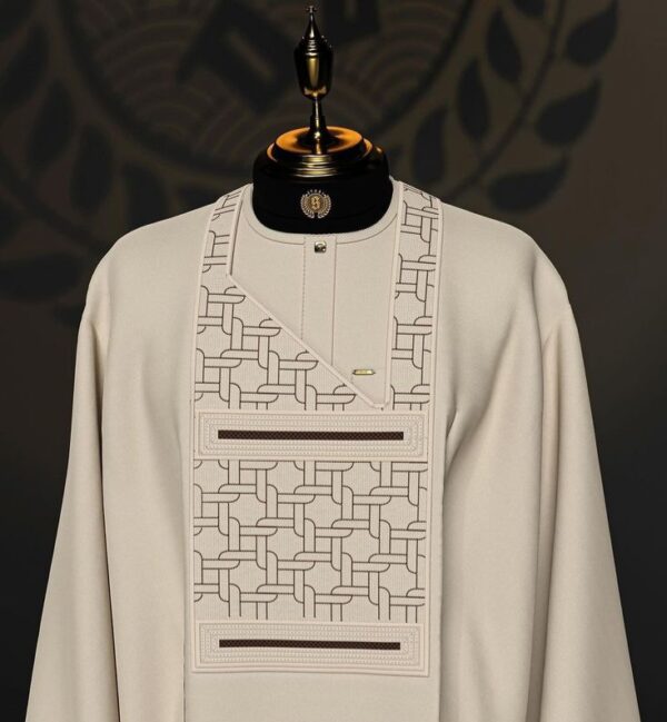 Latest Beige Colour Agbada with Gold Embroidered Design | African Men's Clothing - Image 3