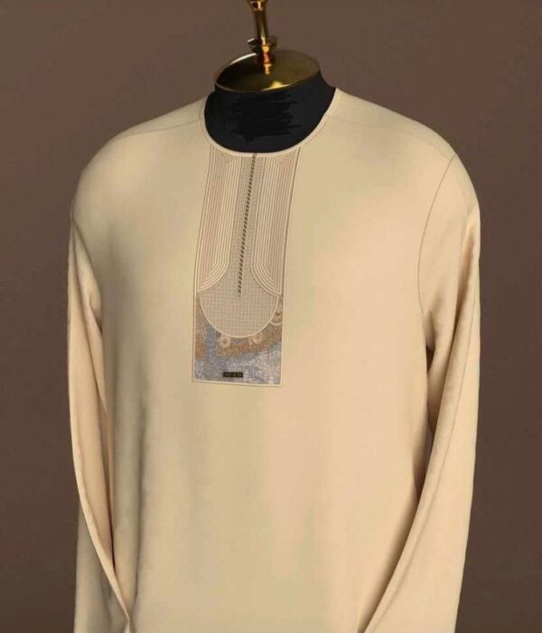 Beige Kaftan Wear With Gold Dark Grey Design