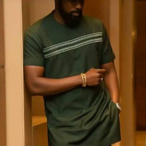 Olive Green Kaftan Wear With Off Wine Design | Short Sleeve Senator Style For Guys | Latest Senator Style For Men | Latest Senator Wears