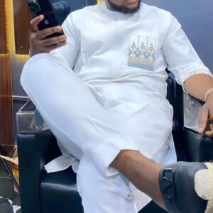 White Kaftan Wear With Light Gold Sky Blue Design | Latest Men Senator Style | Men Senator Wears | Latest Senator Wears For Guys