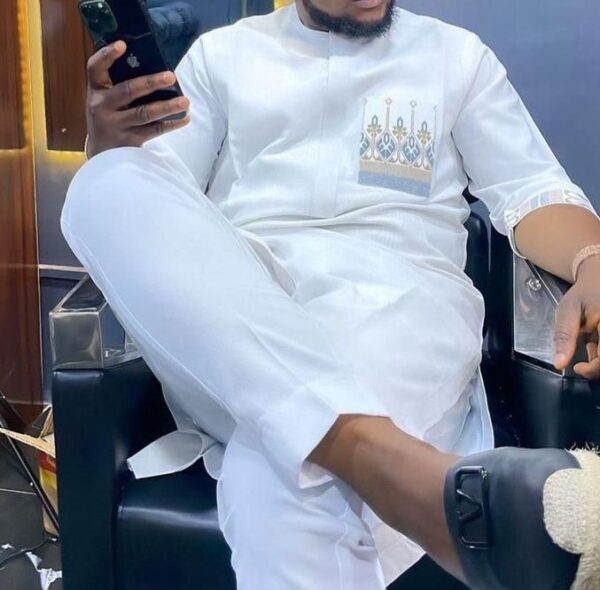 White Kaftan Wear With Light Gold Sky Blue Design | Latest Men Senator Style | Men Senator Wears | Latest Senator Wears For Guys